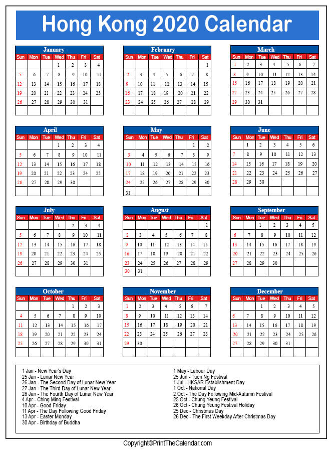 Hongkong Printable Calendar 2020
